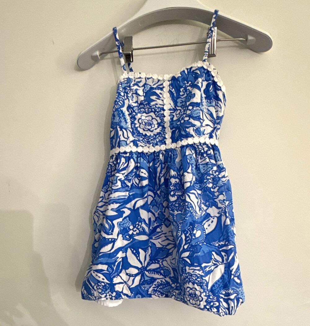 Lilly Pulitzer Girls Blue White Floral Blouse Square Neck Lace Lined 6